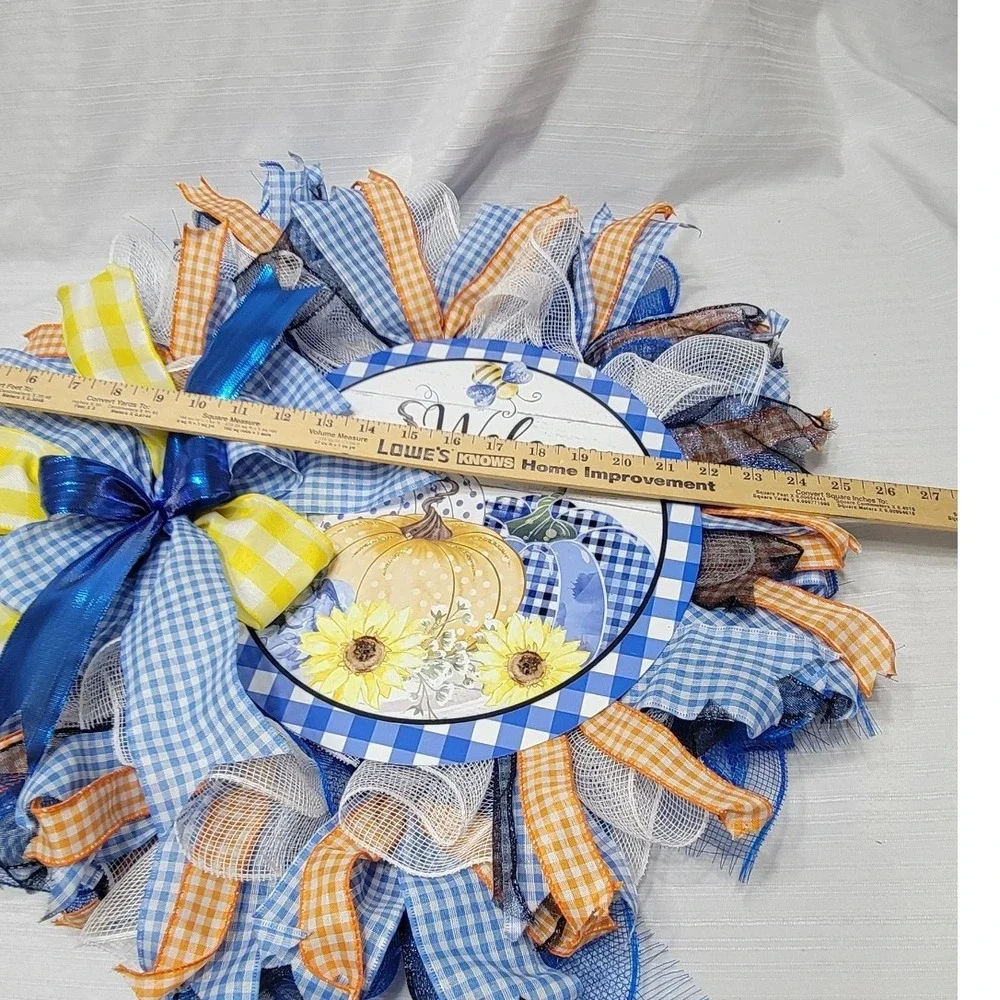 Sunflower Pumpkin Welcome Blue Orange Sunflower Pancake wreath  Holiday decor
